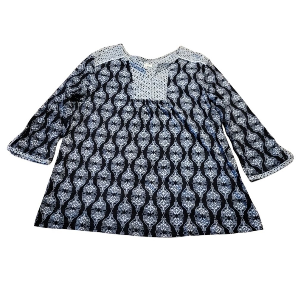 Vintage Anne Klein Polyester Black White Patterned Top 3/4 Sleeve Sz XL